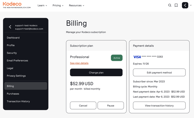 Billing details screenshot